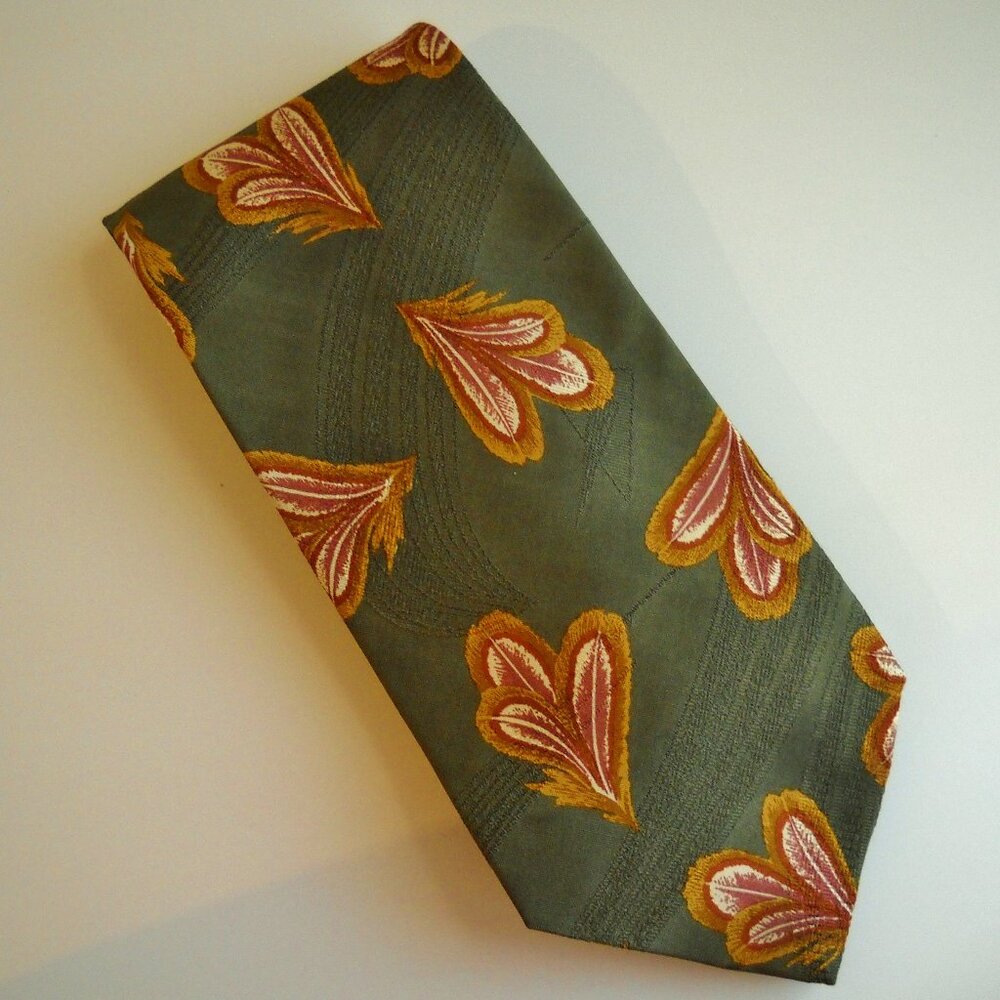 FR Ferrell Reed Neck Tie Olive Green Gold Red Hand Made 100% Silk Feather Floral